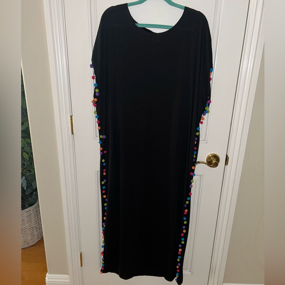 Long Black Maxi Dress with Colorful Poms Up and Down Both Sides